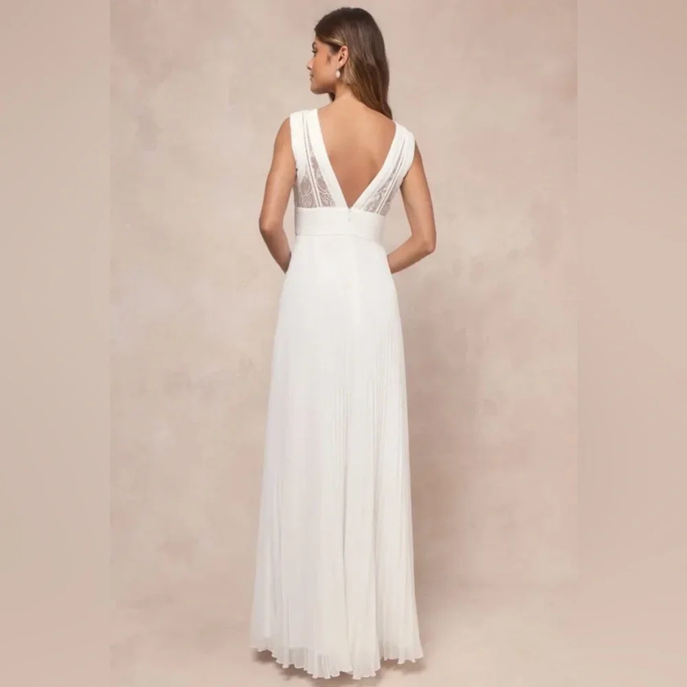 NWT lulus Ivory Chiffon Lace Pleated Open Back Wedding Dress Small - Picture 3 of 11